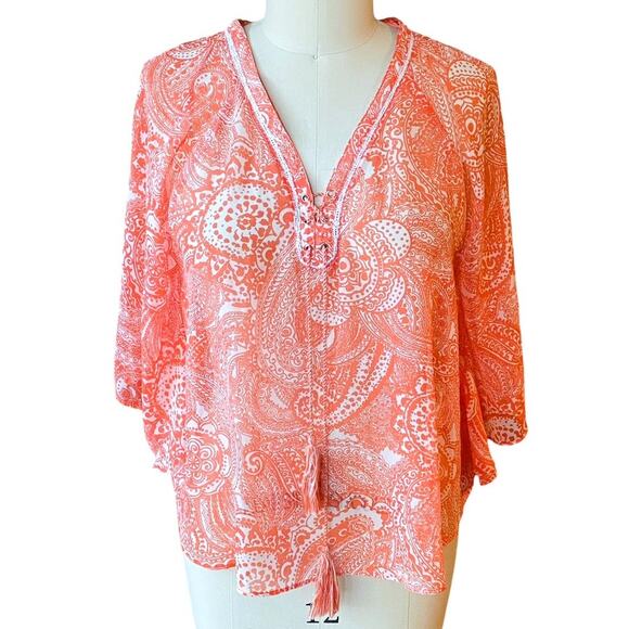 JOHNPAULRICHARD Orange Paisley Batwing Bohemian Blouse Top ~ Women's MEDIUM - Picture 2 of 7